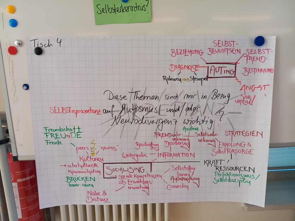 Fotographie von beschriebenen Papier an einer Tafel. Verschiedene sehr klein geschriebene Antworten gruppieren sich um das Thema: Diese Themen sind mir im Bezug auf Autismus/Neurodivergenz wichtig.