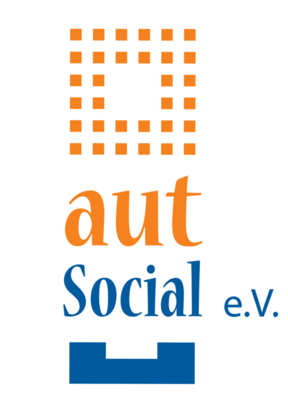 Logo von autSocial e.V. Oben ein Quadrat aus vielen kleinen orangen Quadraten im Raster 6x6 mit einer quadratischen Freistelle der Größe 2x2 in der Mitte. Darunter in Orange "aut", darunter in blau "Social e.V." Darunter ein blauer klammerartiger Balken, der auf der Seite liegt.